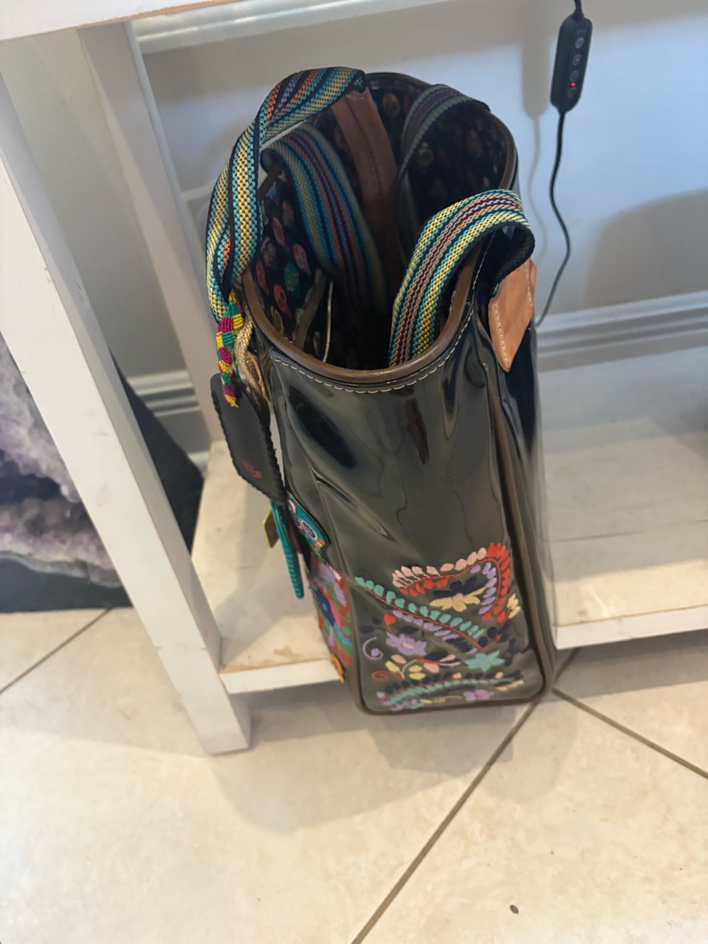 Consuela Black Patent Poppy Floral-Embroidered Tote with Colorful Striped Handle - Picture 7 of 8